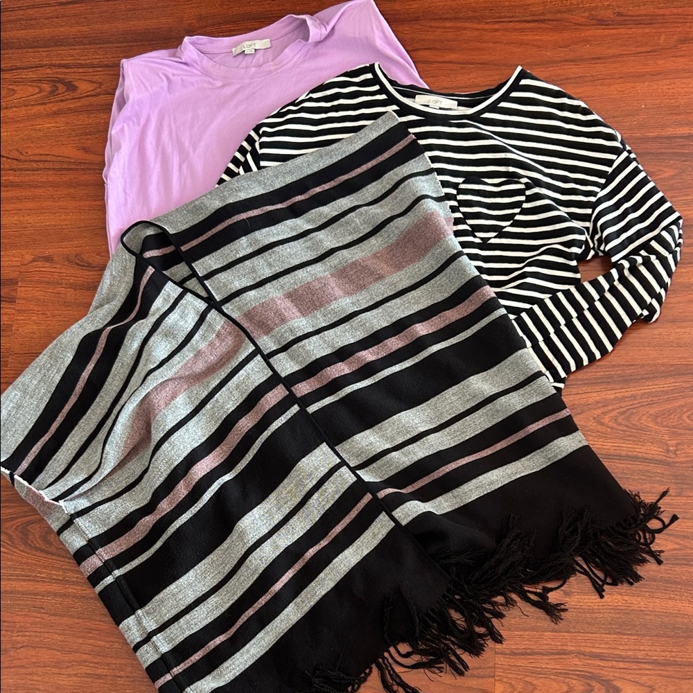 LOFT lot of 3 Purple dress  and Black white Striped Top with heart and cape med